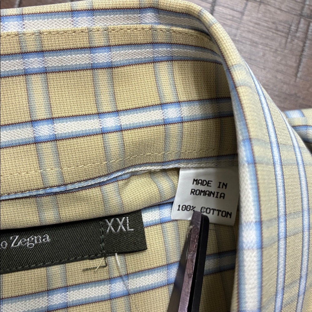 Ermenegildo Zegna Men's Beige and Blue Checkered Shirt - Picture 4 of 5